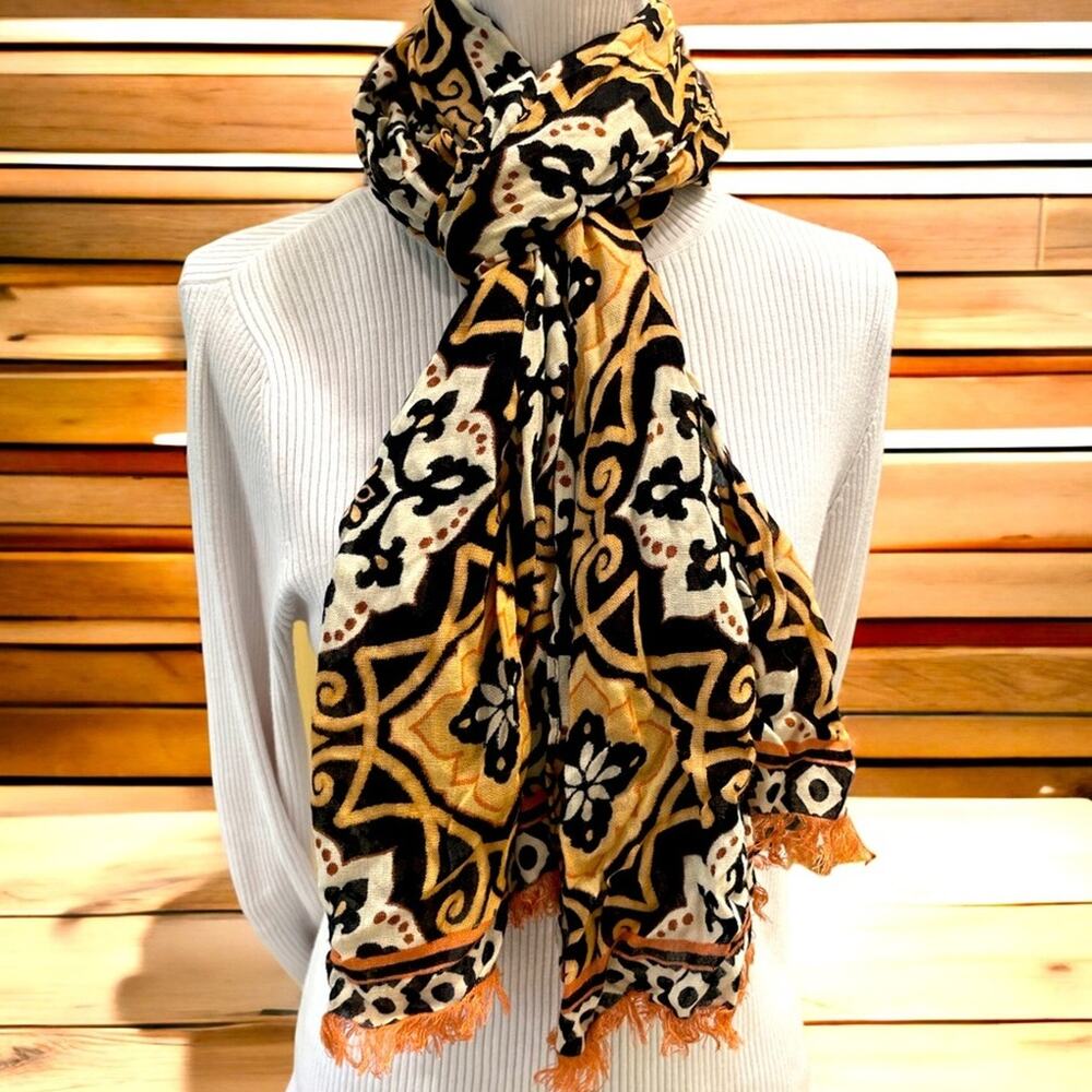 Boho Scarf Wrap Womens‎ Black Brown Medallion Lightweight Fringe Festival - Picture 5 of 5